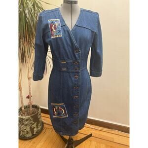 Vintage 90s Avon Fashions Denim Kokopelli Midi Dress | Southwest Boho